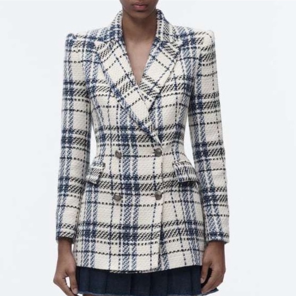 Zara Cream and Navy Plaid Double-Breasted Blazer